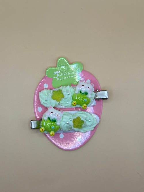 Green Fruit and Candy Themed Decoden Hair Clips