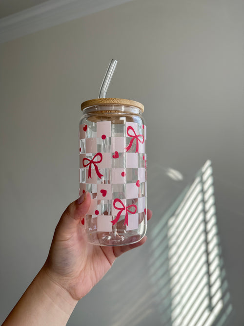 Pink Bow 🎀 Themed Glass Cups Bamboo Lid