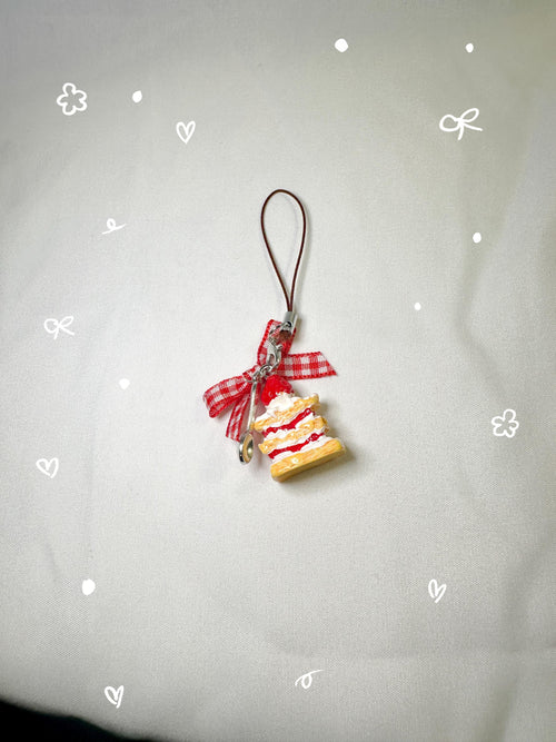 strawberry cake phone charm plaid bow and pearls