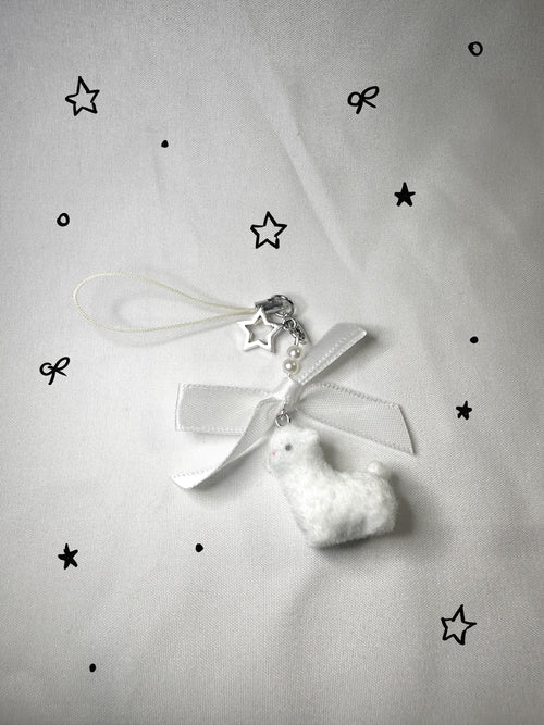 Flocked  llama phone charm Y2k, white with metal star charm